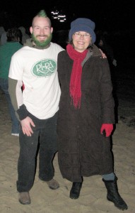 Ian Brodie about to take the St. Patricks Day plunge. Diane Atwood about to watch only. Photo courtesy Bill Campbell