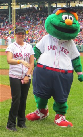 "Wally" introduces Christie at the Mother's Day Red Sox game