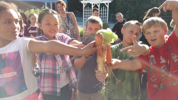 Students picking veggies for their soup