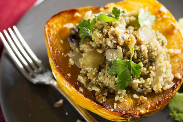 Winter Squash stuffed with quinoa, mushrooms and onions.