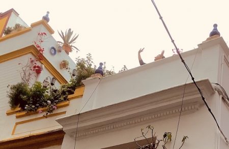 Spanish rooftop people waving